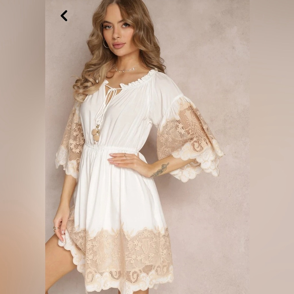 italian Spanish Dress with Lace White and Tan Lace s/m - Picture 5 of 15